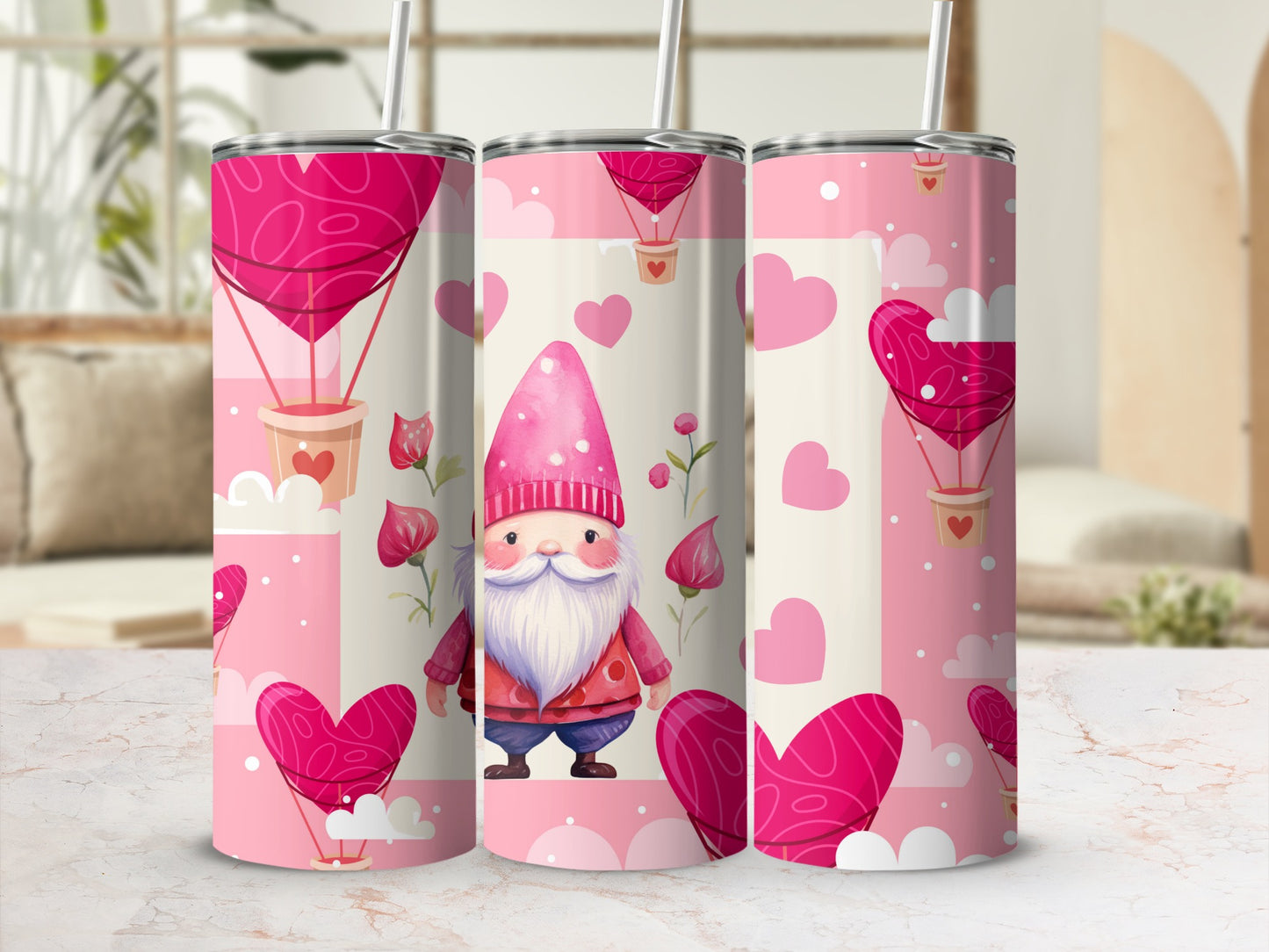 Pink Gnome and Heart Hot Air Balloon Tumbler