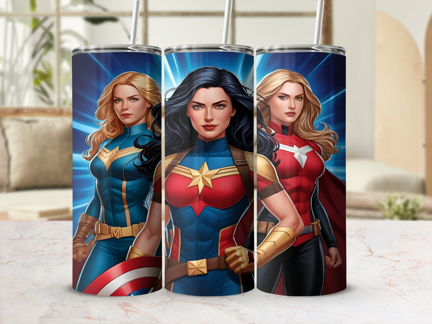 Captain Marvel, Wonder Woman, and Captain America superheroes on tumblers.