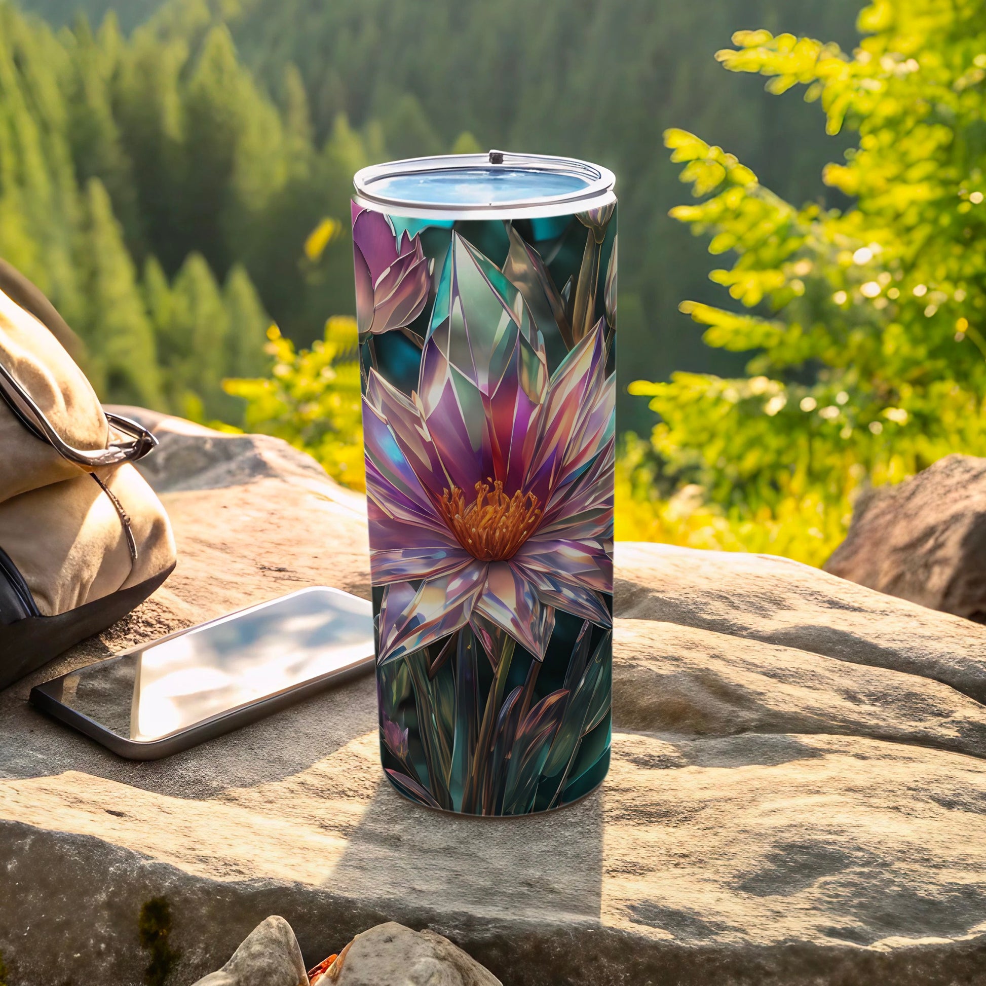 Tall tumbler with floral crystal design on rock next to phone and backpack.