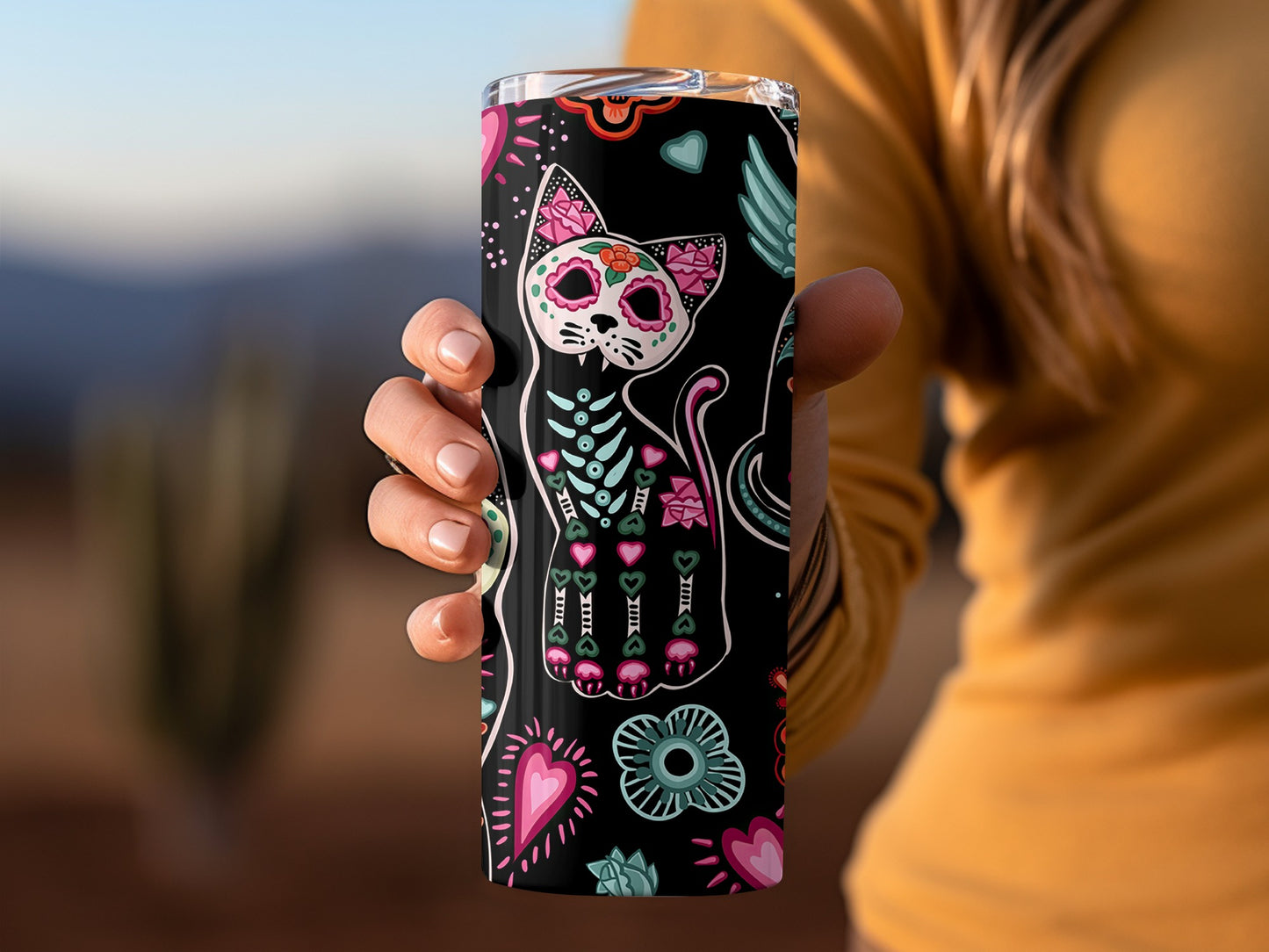 Day the Dead Sugar Cats Flowers Black Background Tumblers