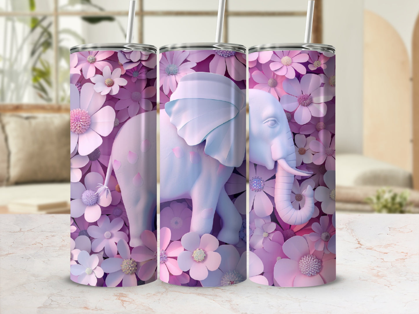 Pink and purple floral pattern with a pale blue elephant.