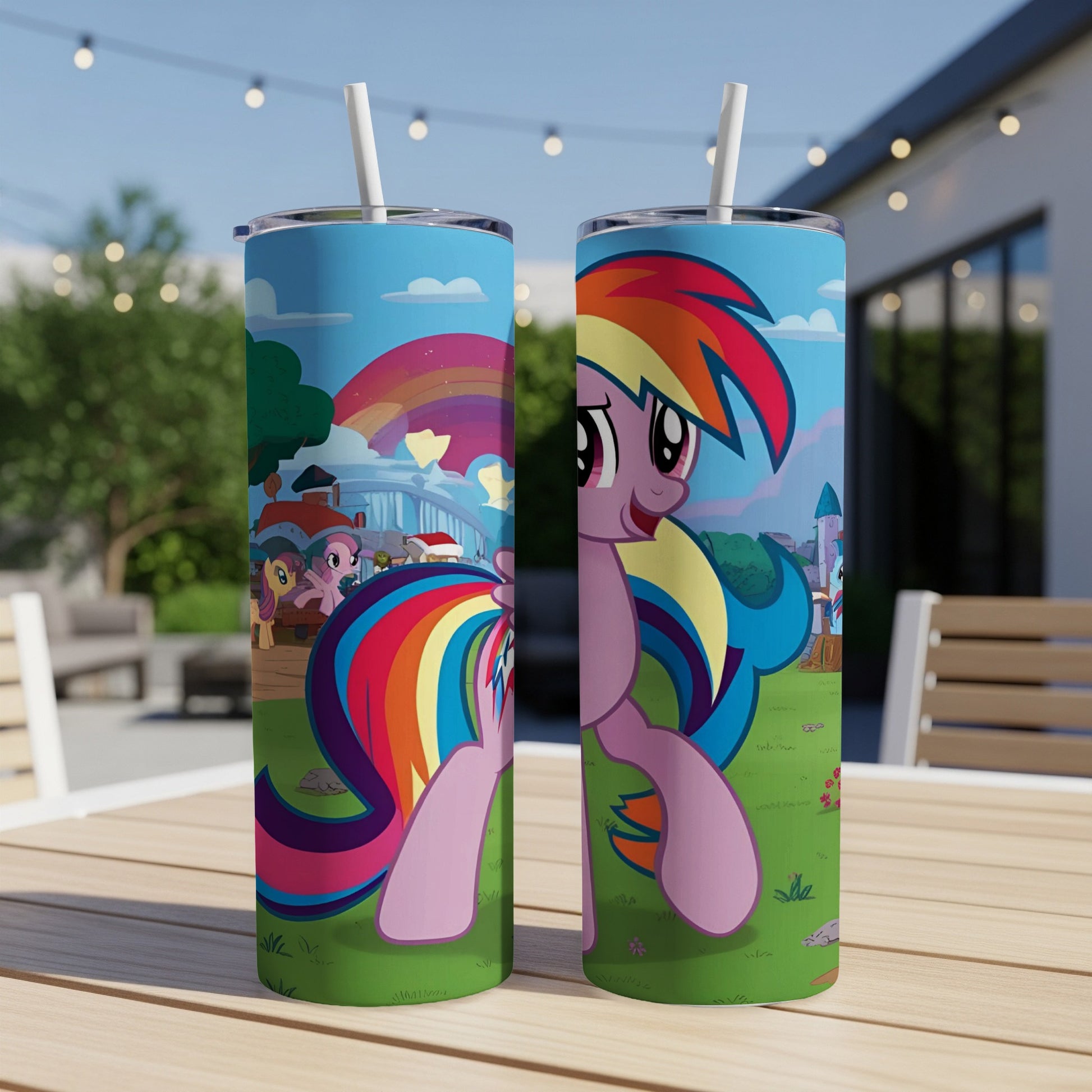 Rainbow Dash from My Little Pony on a tall tumbler with straw.