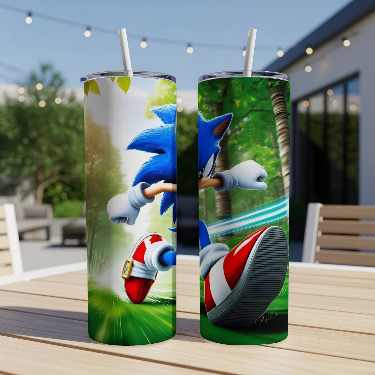 Sonic the Hedgehog running in a green forest scene on two tumblers.