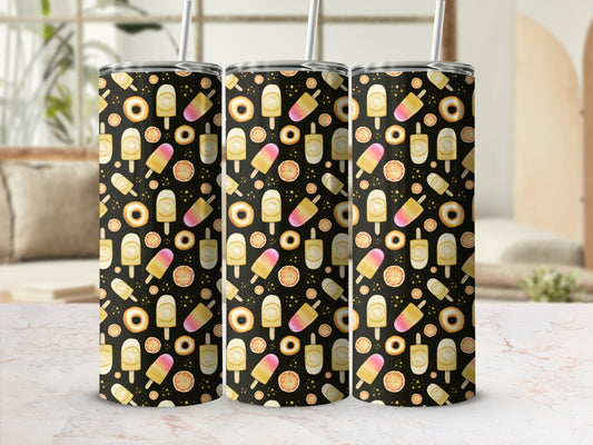 Three tumblers with a pattern of popsicles and donuts.