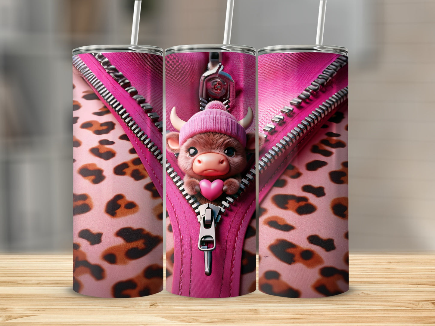 Pink leopard print tumbler with zipper revealing a cute cow wearing a pink hat.