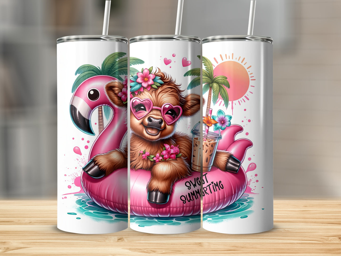 Cow wearing heart sunglasses in flamingo float with "Sweet Summertime" text.