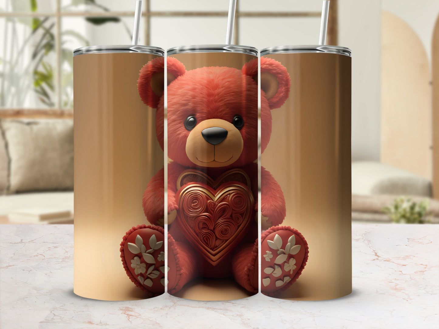 Cute Red Teddy Bear with Heart Tumbler Cup Design