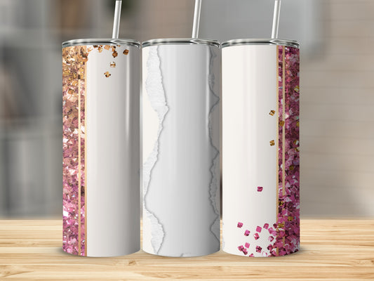 Three blank tumblers with rose gold glitter and torn paper designs.
