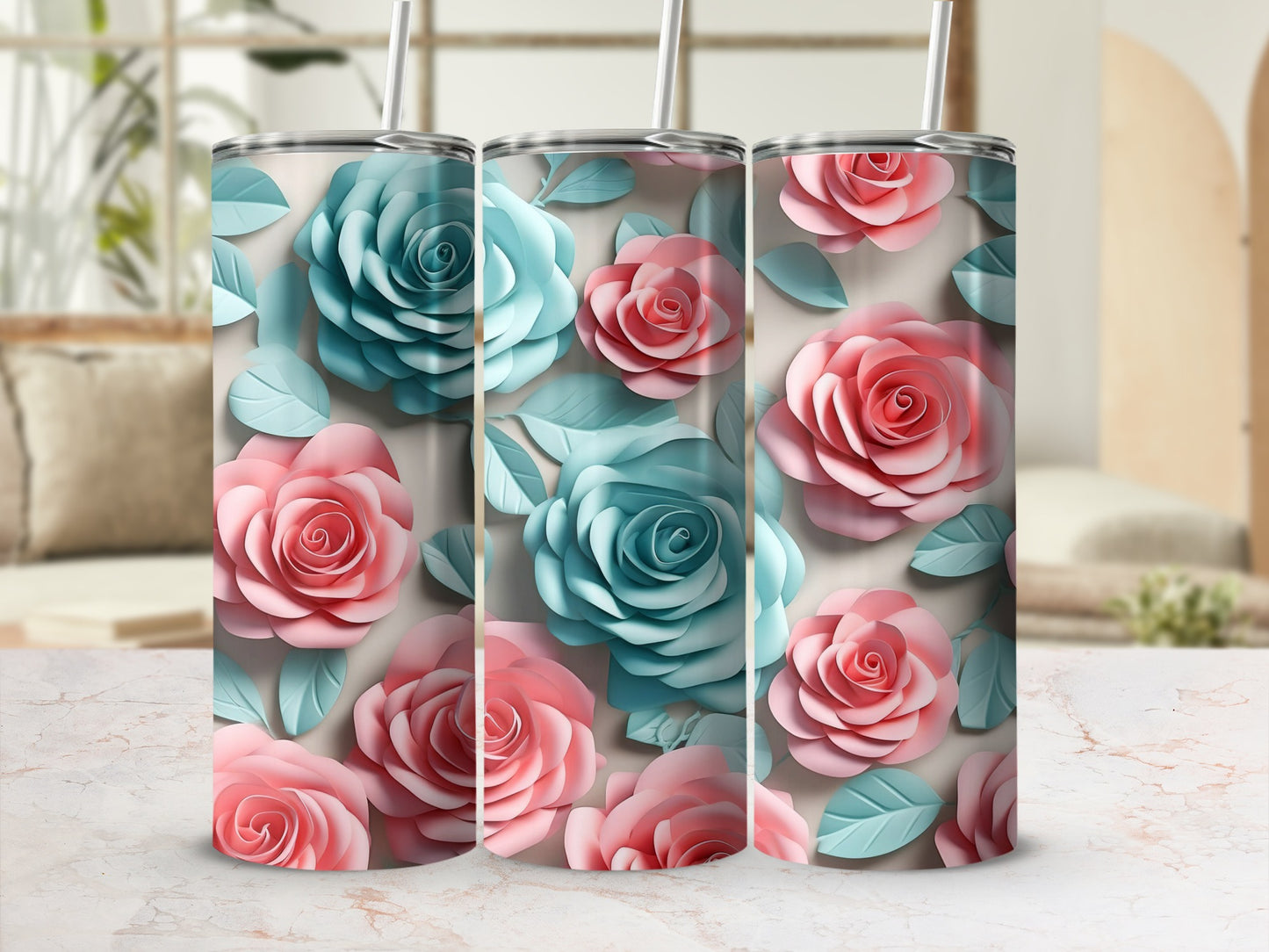 Beautiful Floral Pattern Tumbler with Pink and Blue Roses