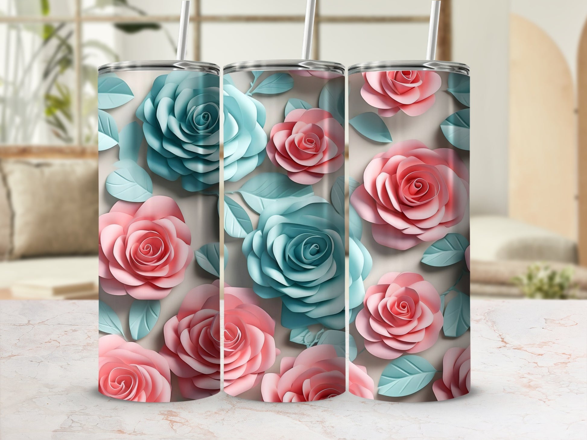 Beautiful Floral Pattern Tumbler with Pink and Blue Roses
