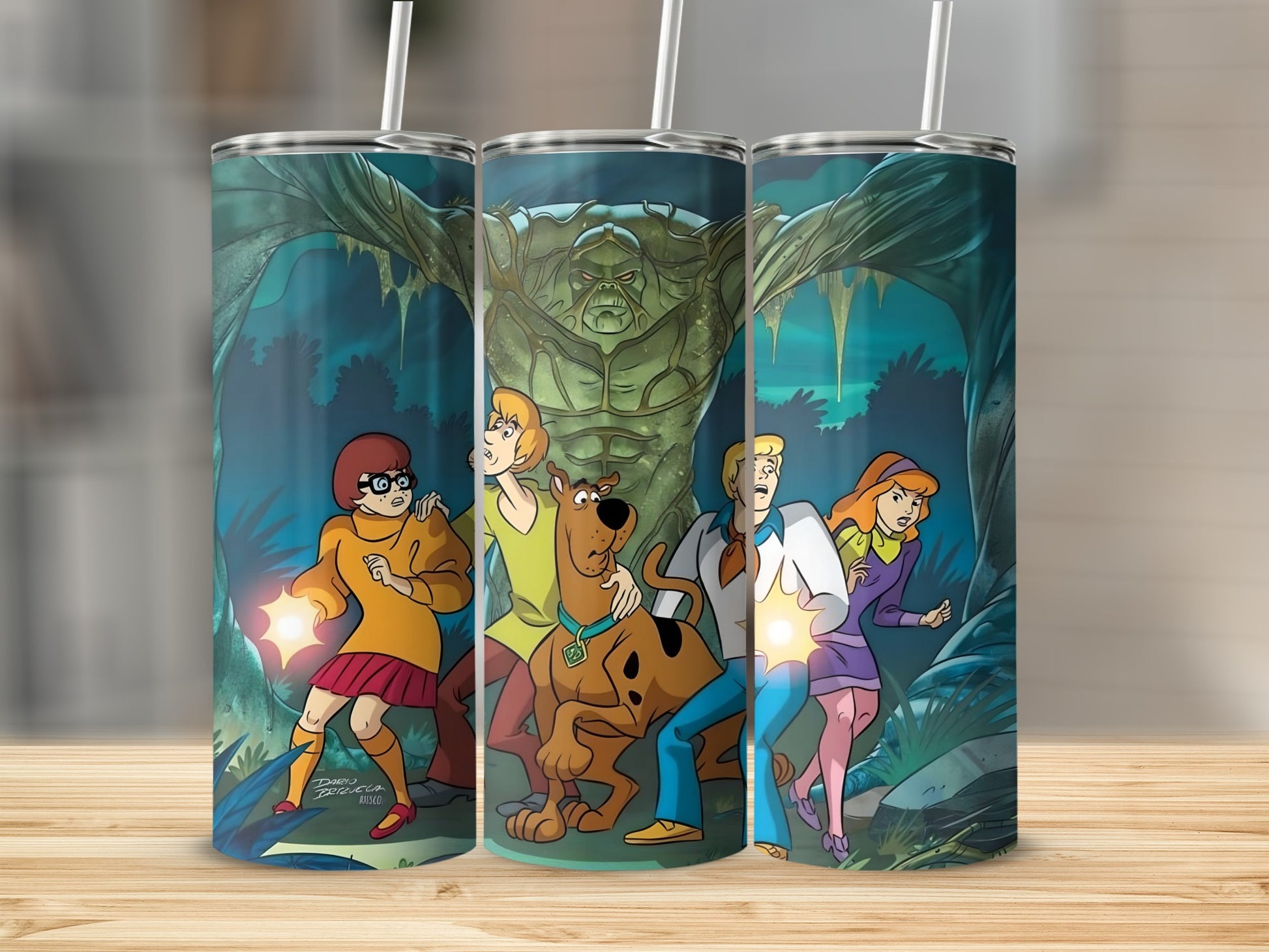 Scooby-Doo characters confront a swamp monster in a dark, forested environment.