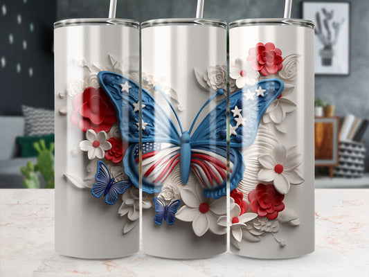 White tumbler with a patriotic butterfly and floral design.