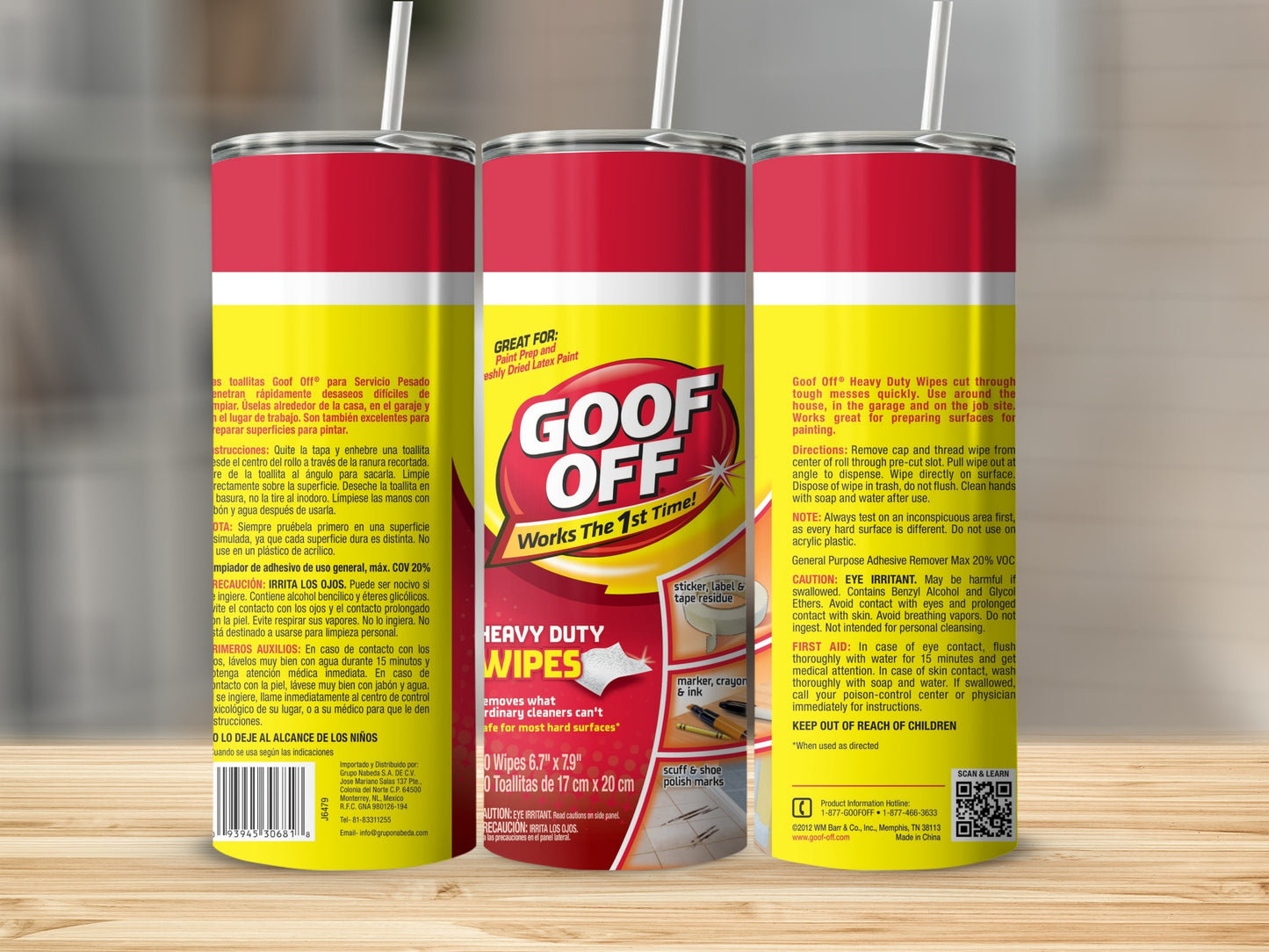 Goof Off Heavy Duty Wipes container with cleaning instructions and branding.