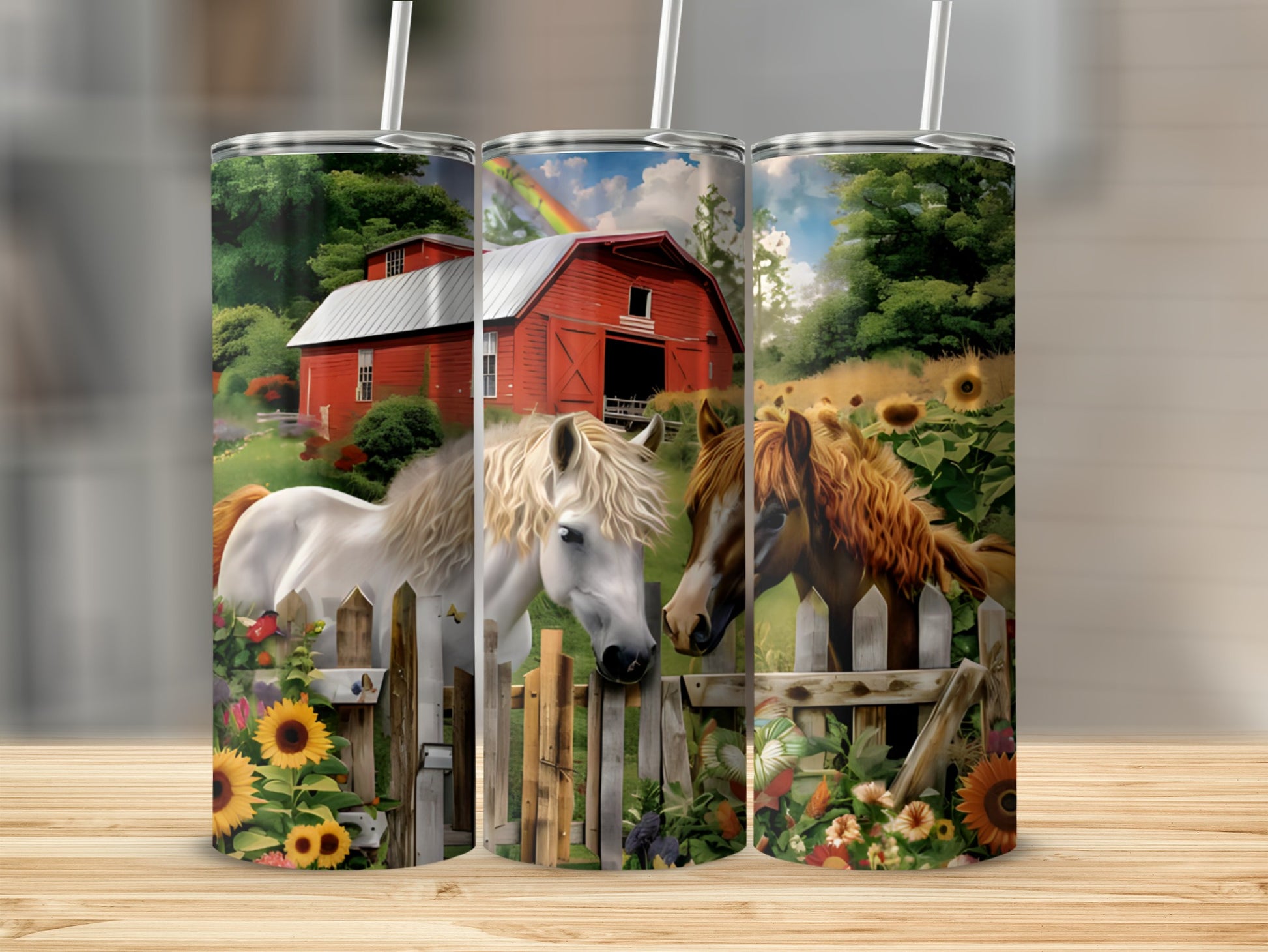 Two horses in a field with a red barn and sunflowers.