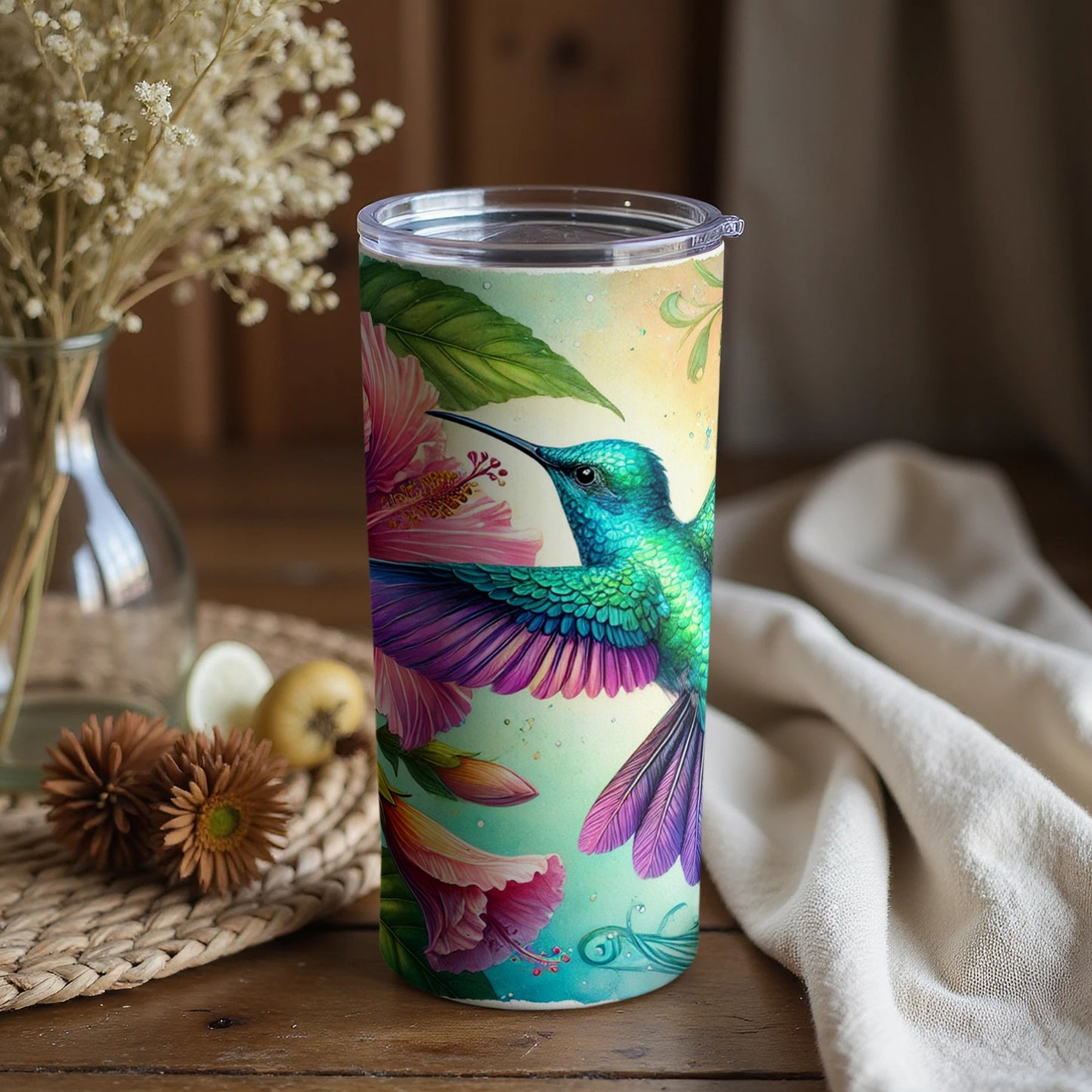 Colorful Hummingbird with Flowers Tumbler Product