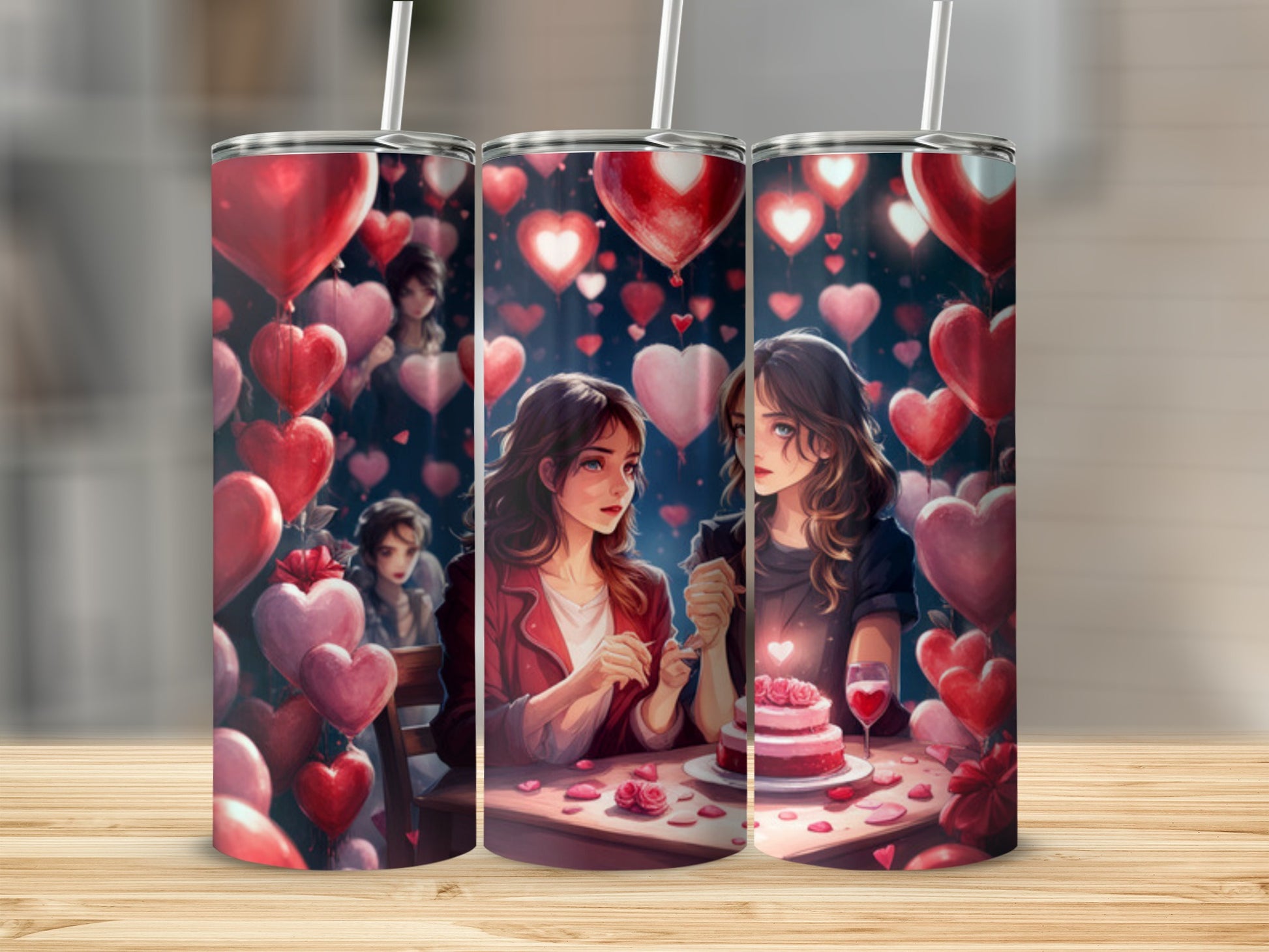 Two women share a cake surrounded by heart balloons and candles.