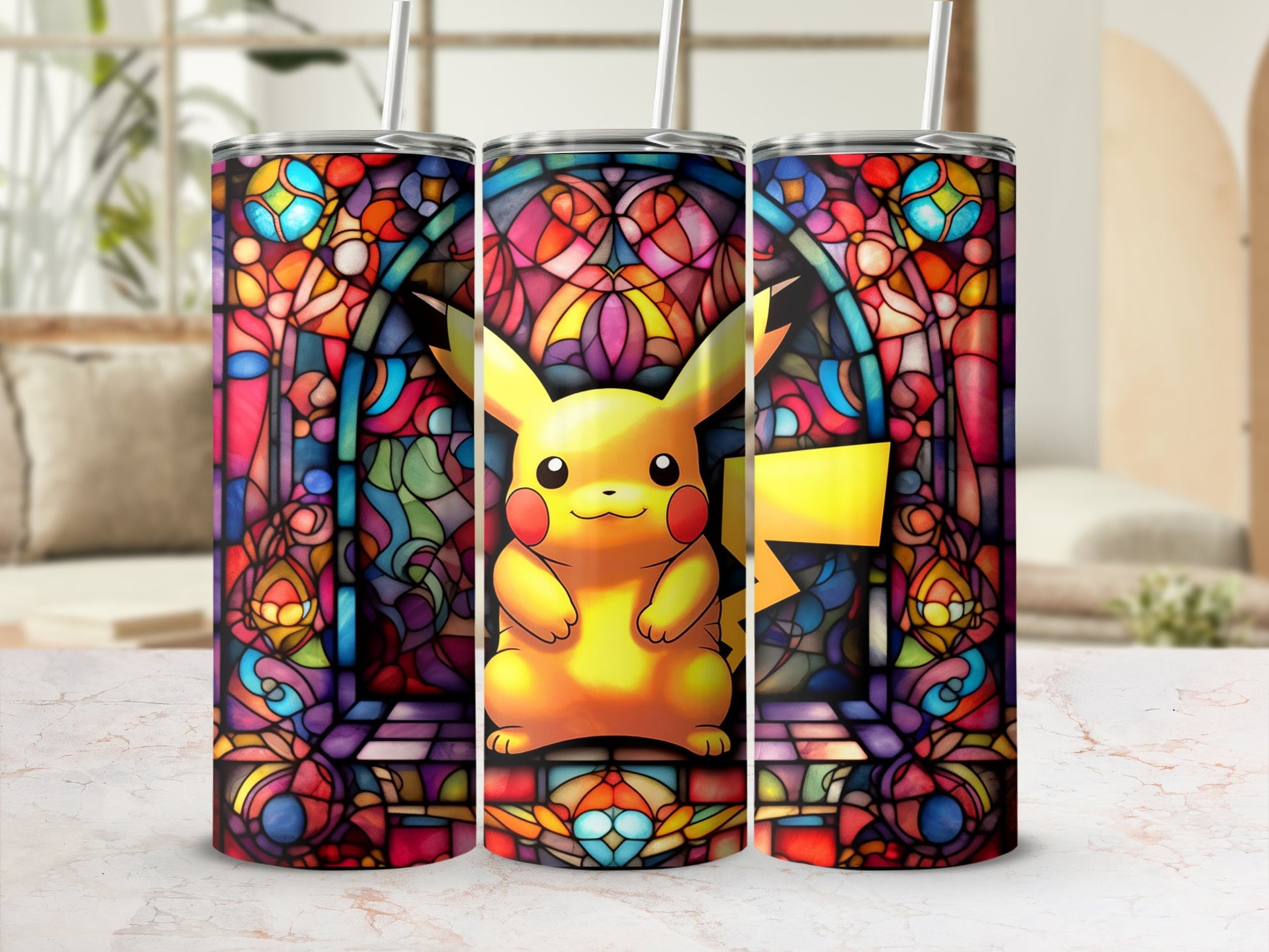 Vibrant Pikachu Stained Glass Art Design Tumbler