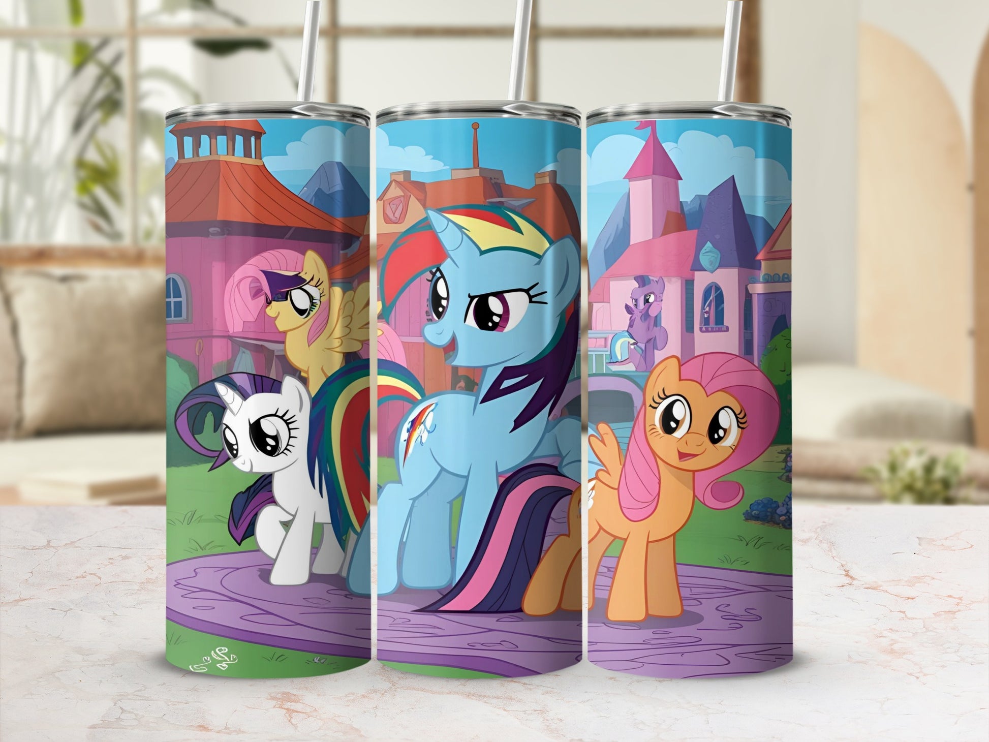 Three My Little Pony characters on tumblers with cartoon background.