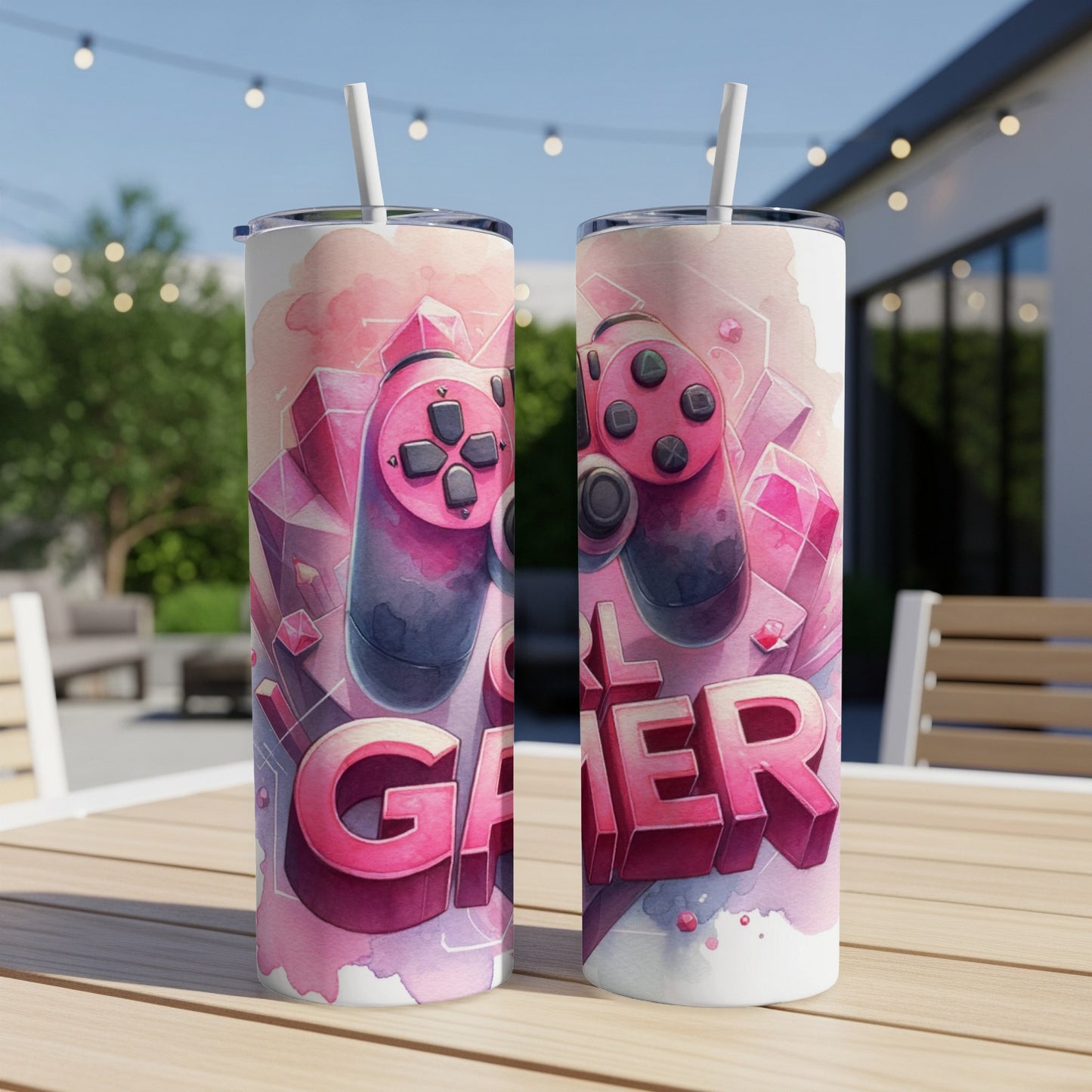 Two pink tumblers with "Gamer" text and pink gemstones.