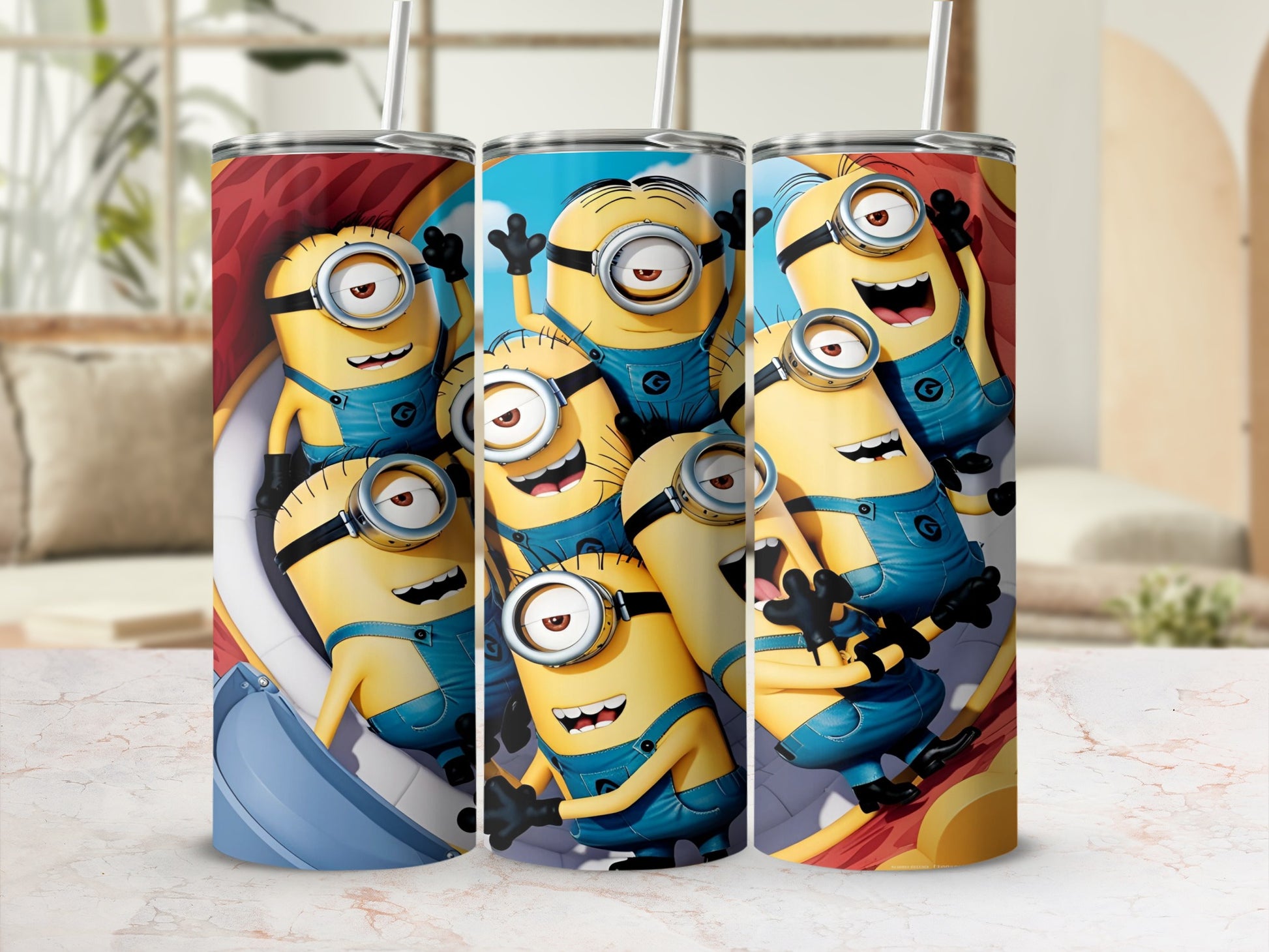 Minions in blue overalls smiling and waving on a tumbler.