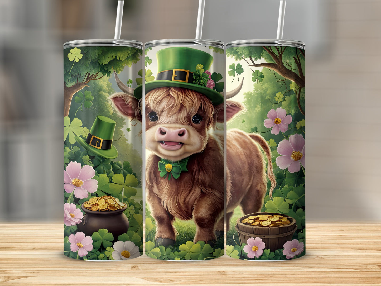 Highland cow in a leprechaun hat with shamrocks and gold coins.