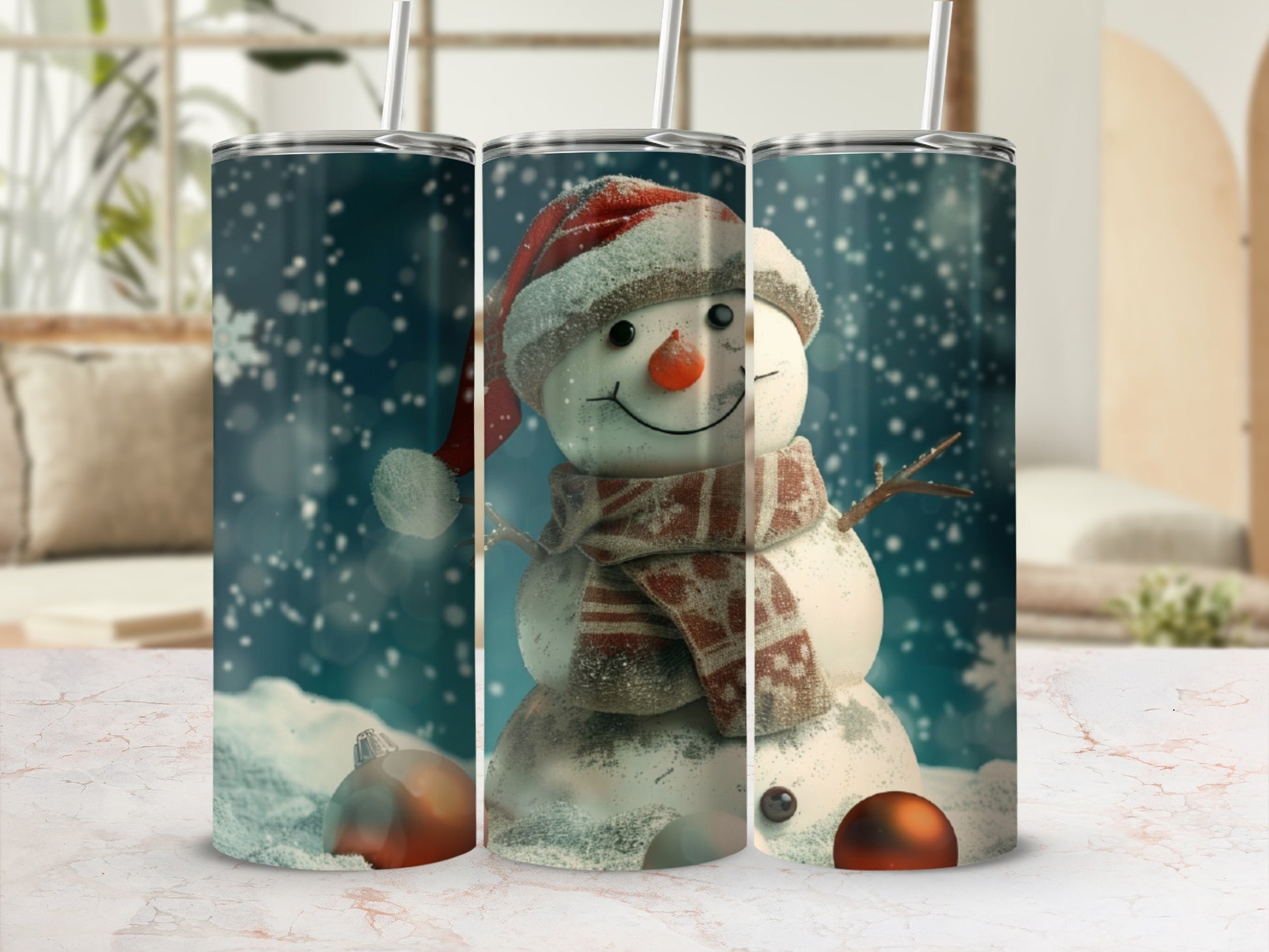 Snowman in Santa hat and scarf on a snowy background with ornaments.