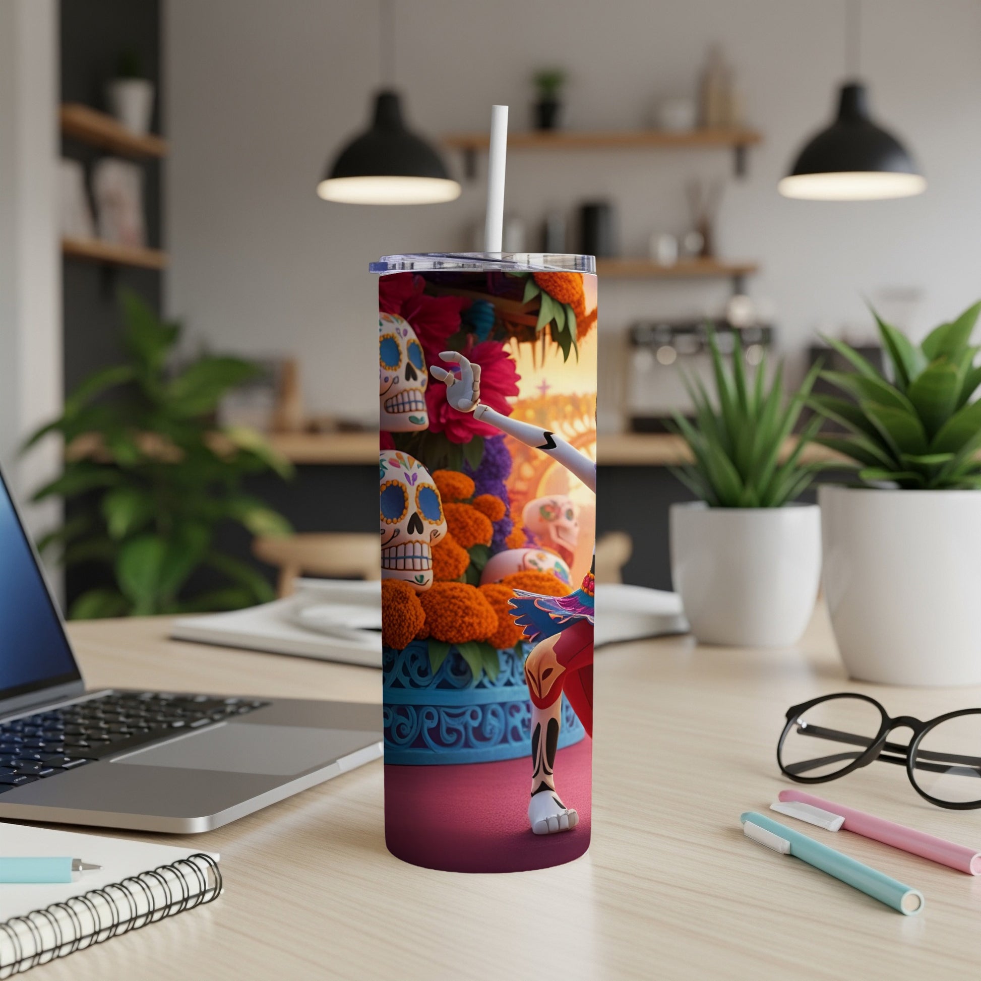 Day of the Dead themed tumbler with skulls, marigolds, and a skeleton figure.