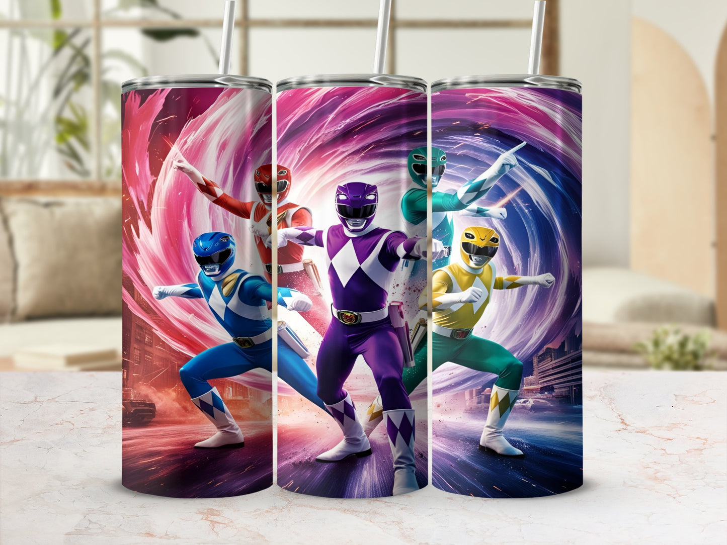 Power Rangers characters in dynamic poses with swirling colorful backgrounds.