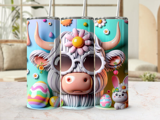 Highland cow with sunglasses and Easter eggs, pastel background.