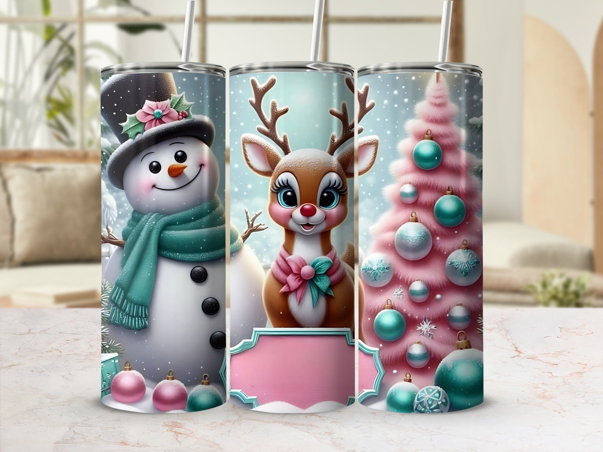 Festive Christmas Snowman and Reindeer Tumbler Design
