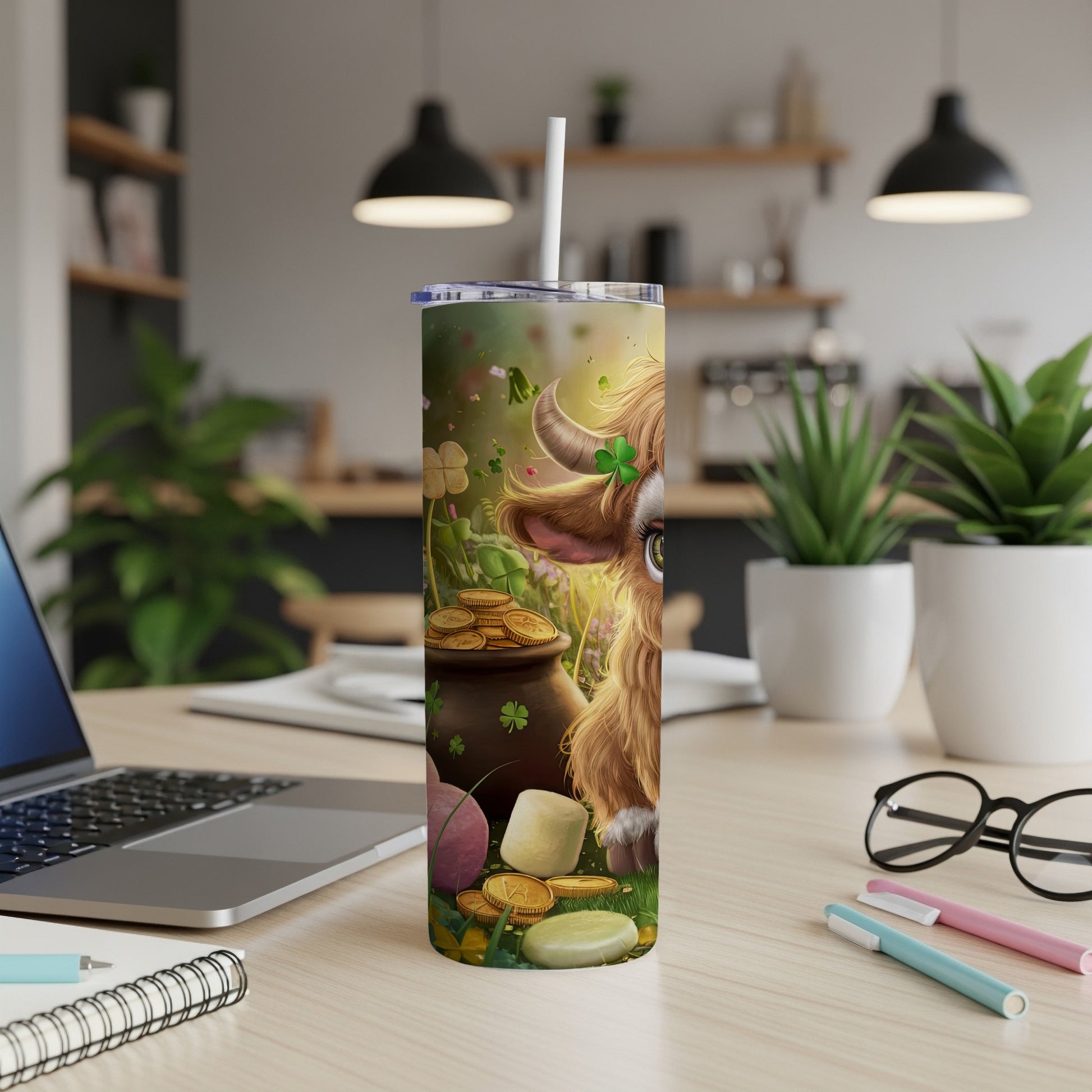 Cow with clover and gold coins on a St. Patrick's Day themed tumbler.