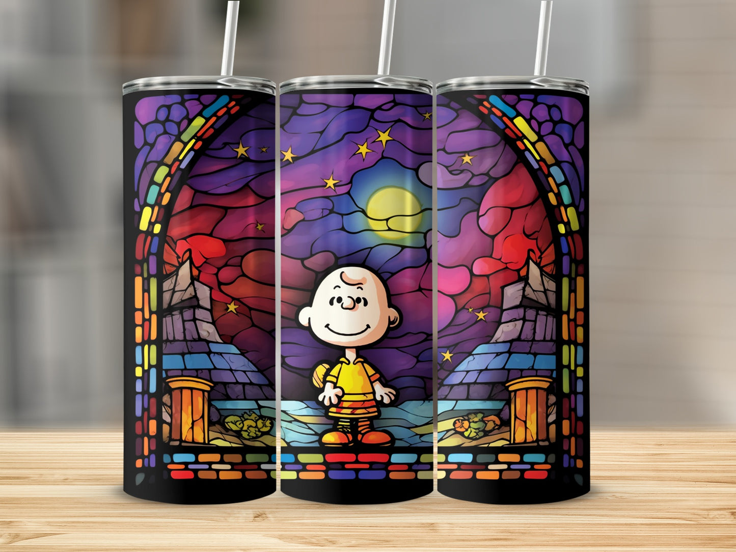 Colorful Stained Glass Art Tumbler with Cartoon Character