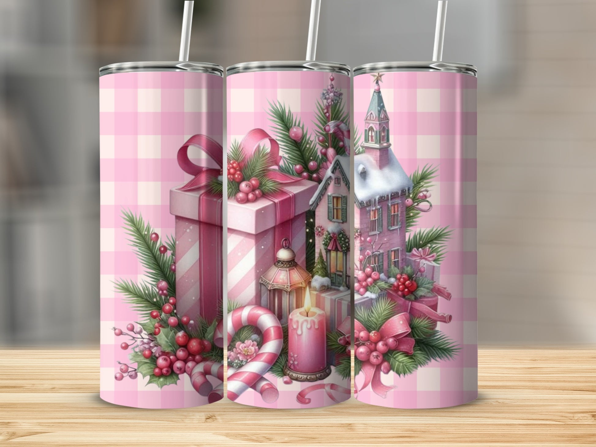 Pink Christmas Tumbler with Festive Designs Product