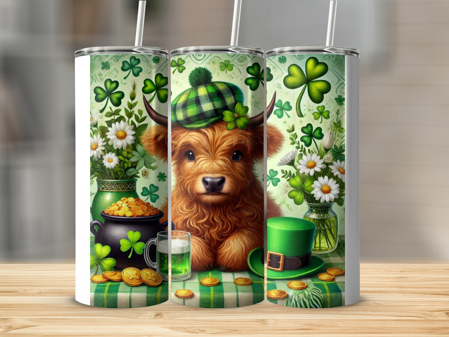 Highland cow wearing a plaid hat on St. Patrick's Day tumbler.