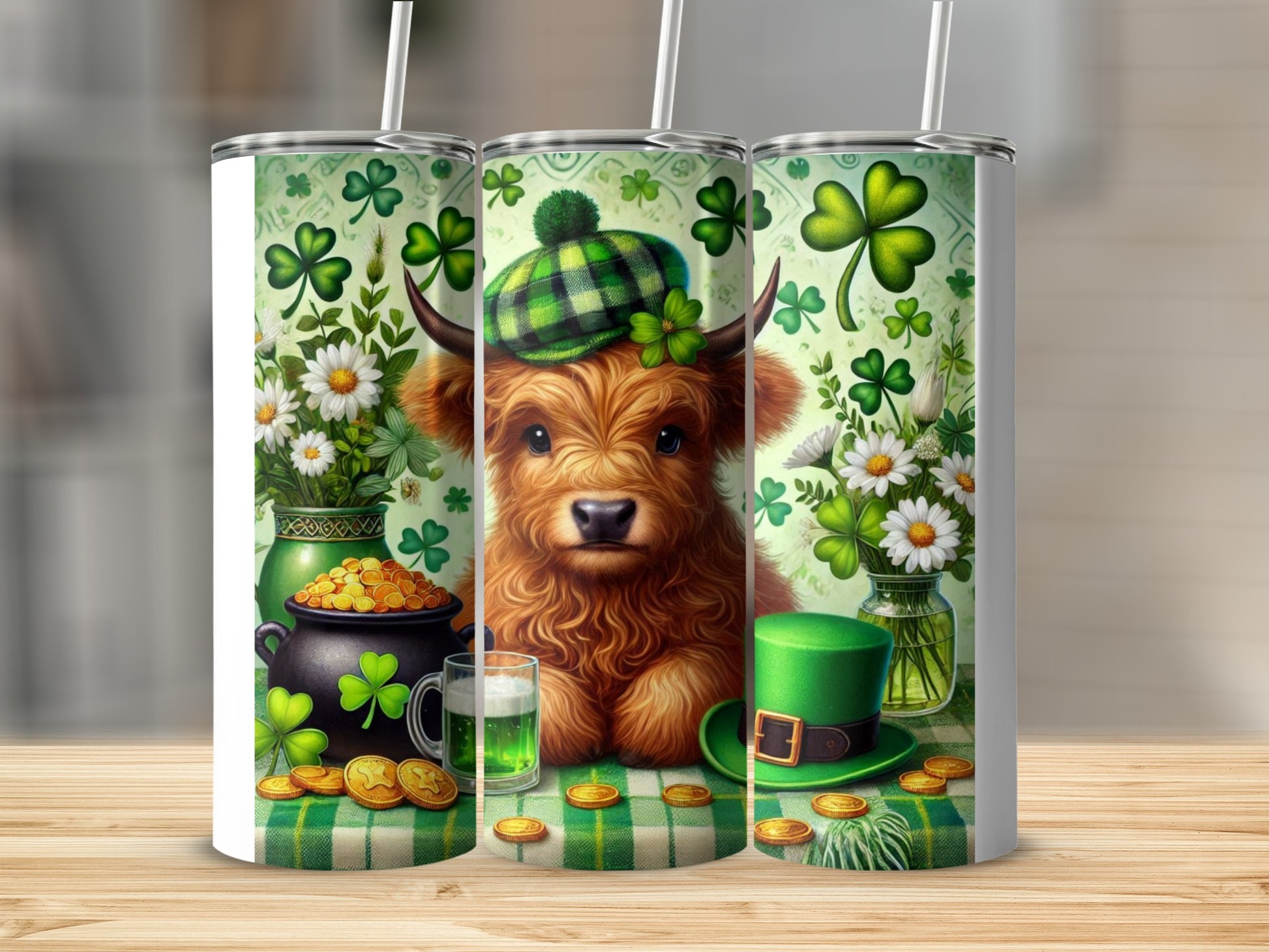 Highland cow wearing a plaid hat on St. Patrick's Day tumbler.