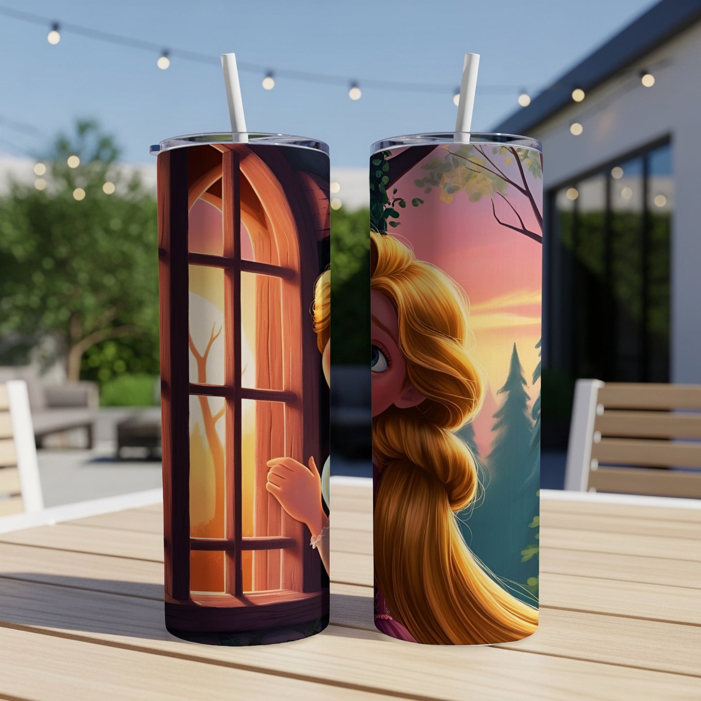 Rapunzel peeks out from a window, her braid flowing across a sunset forest.