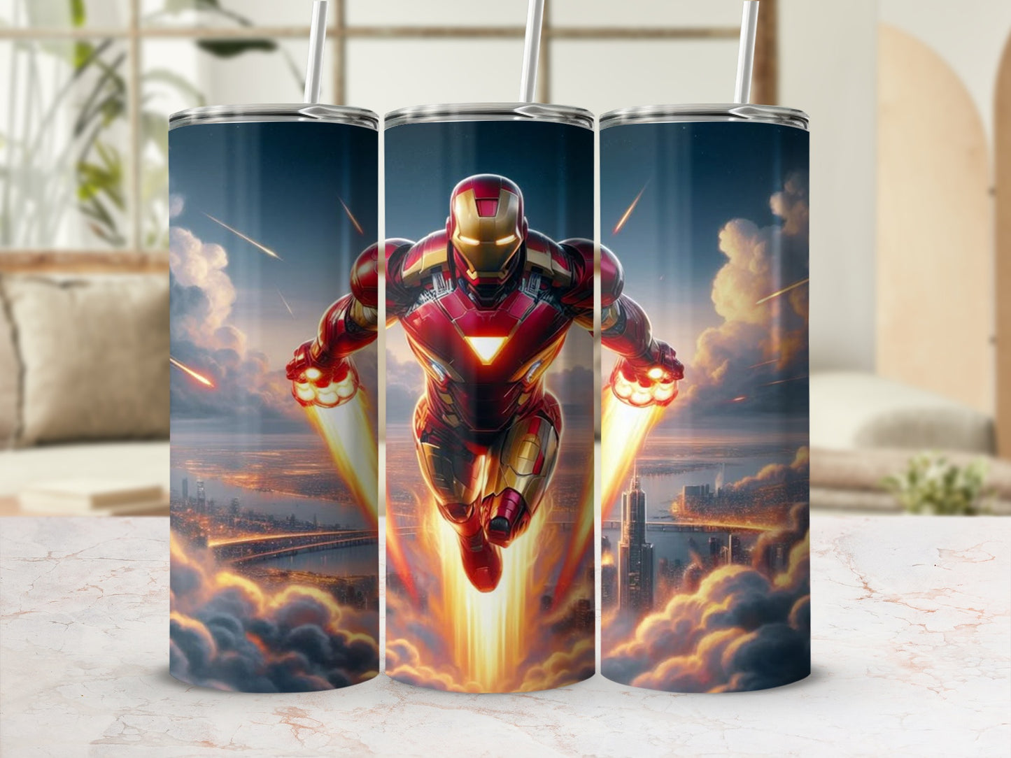 Iron Man Soaring Through Cityscape Tumbler Cup