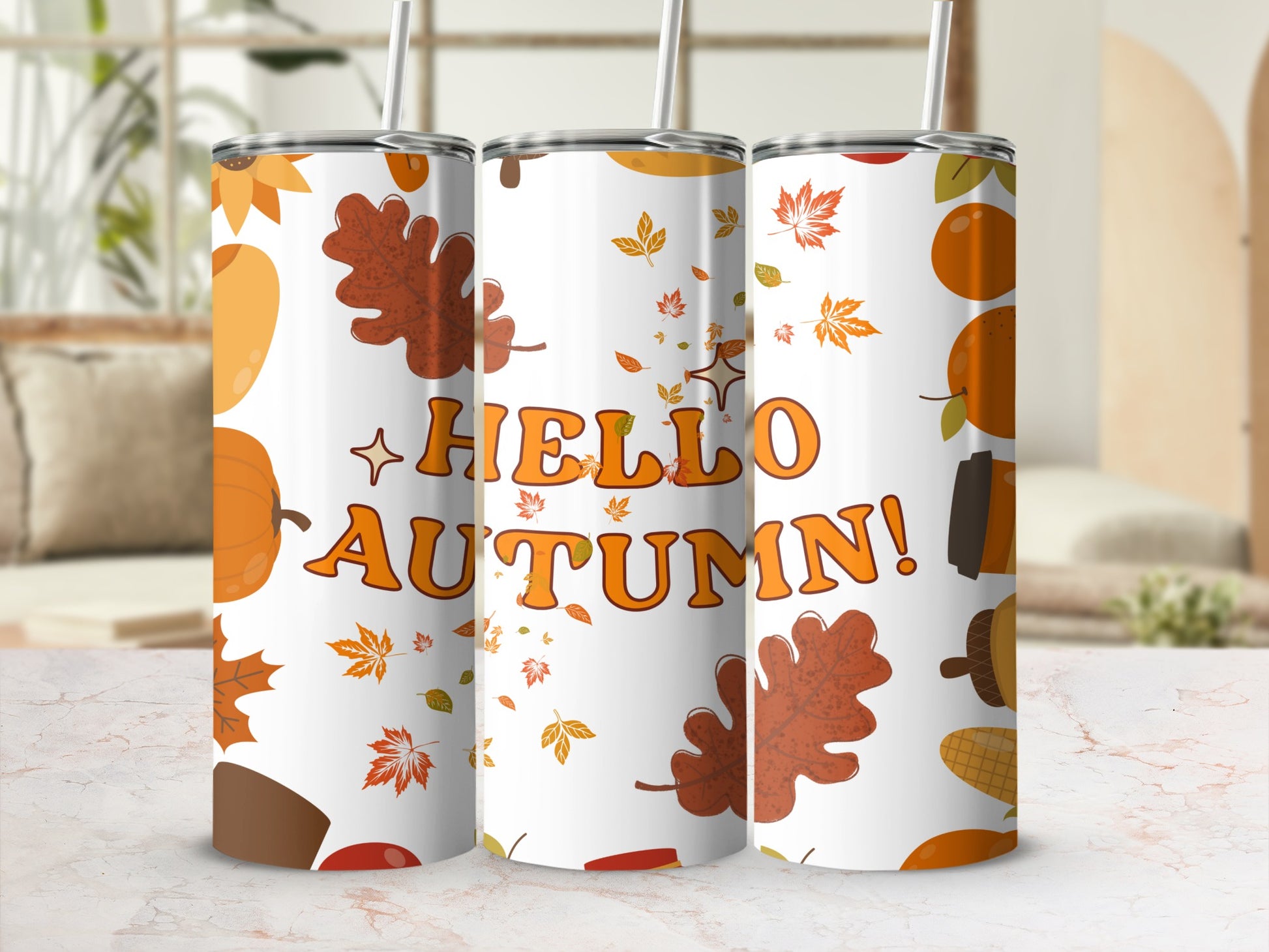 Hello Autumn Fall Leaves Thanksgiving Themed Tumbler