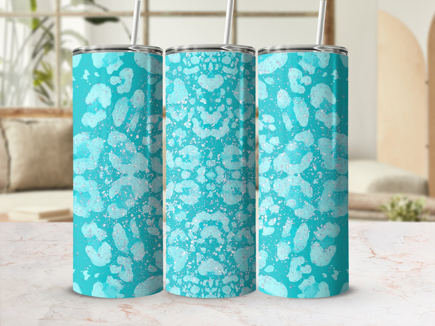 Aqua Blue and White Splatter Design Tumbler Cups