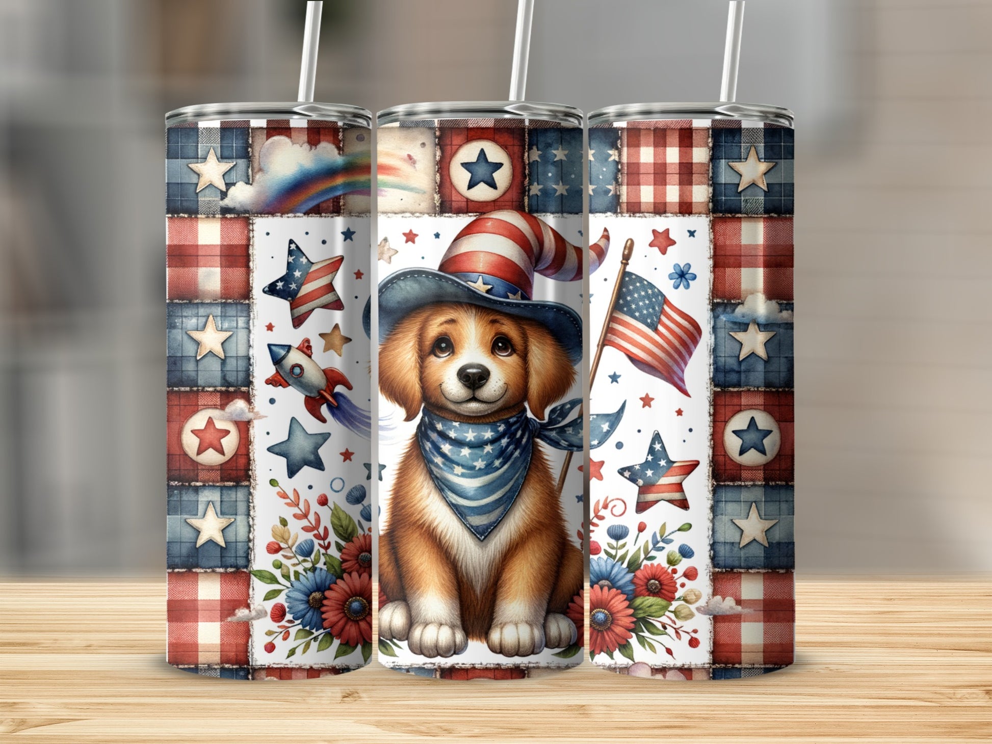 Golden retriever puppy in patriotic hat and bandana with fireworks and flags.