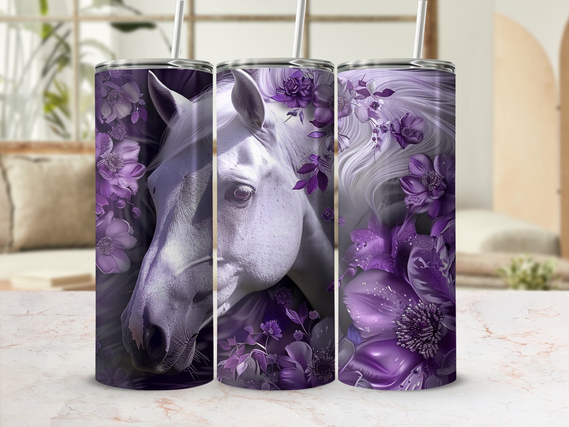 White horse head surrounded by purple flowers on a purple tumbler.