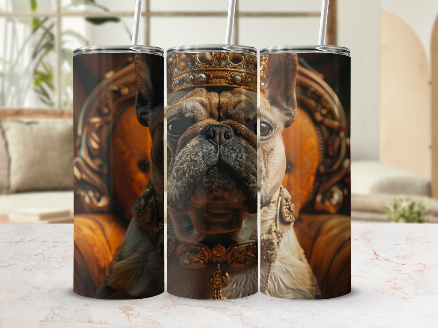 French bulldog wearing a crown and jewelry, seated on a throne.