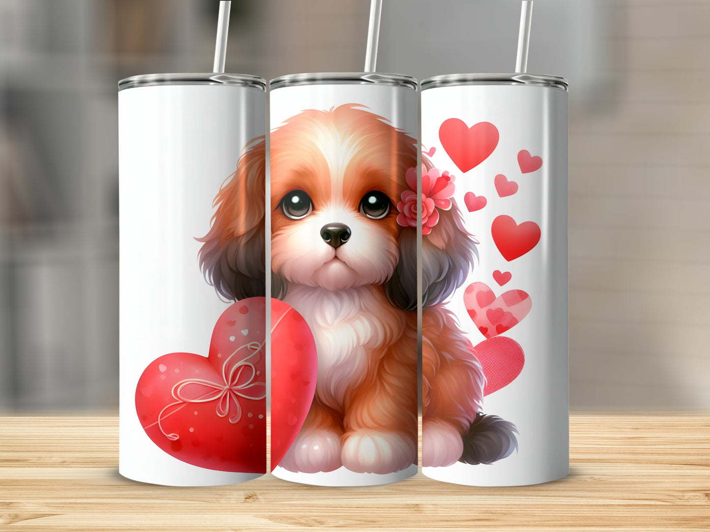 Fluffy puppy with heart, sitting in front of Valentine's Day themed tumblers.