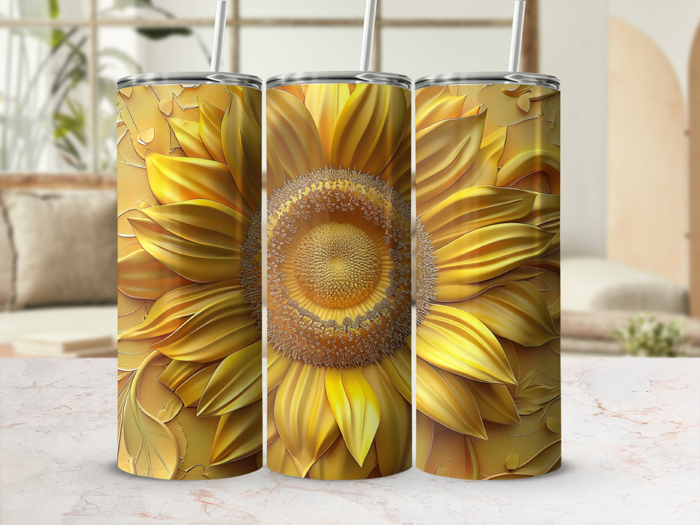 Golden sunflower tumbler with textured petals and a straw.