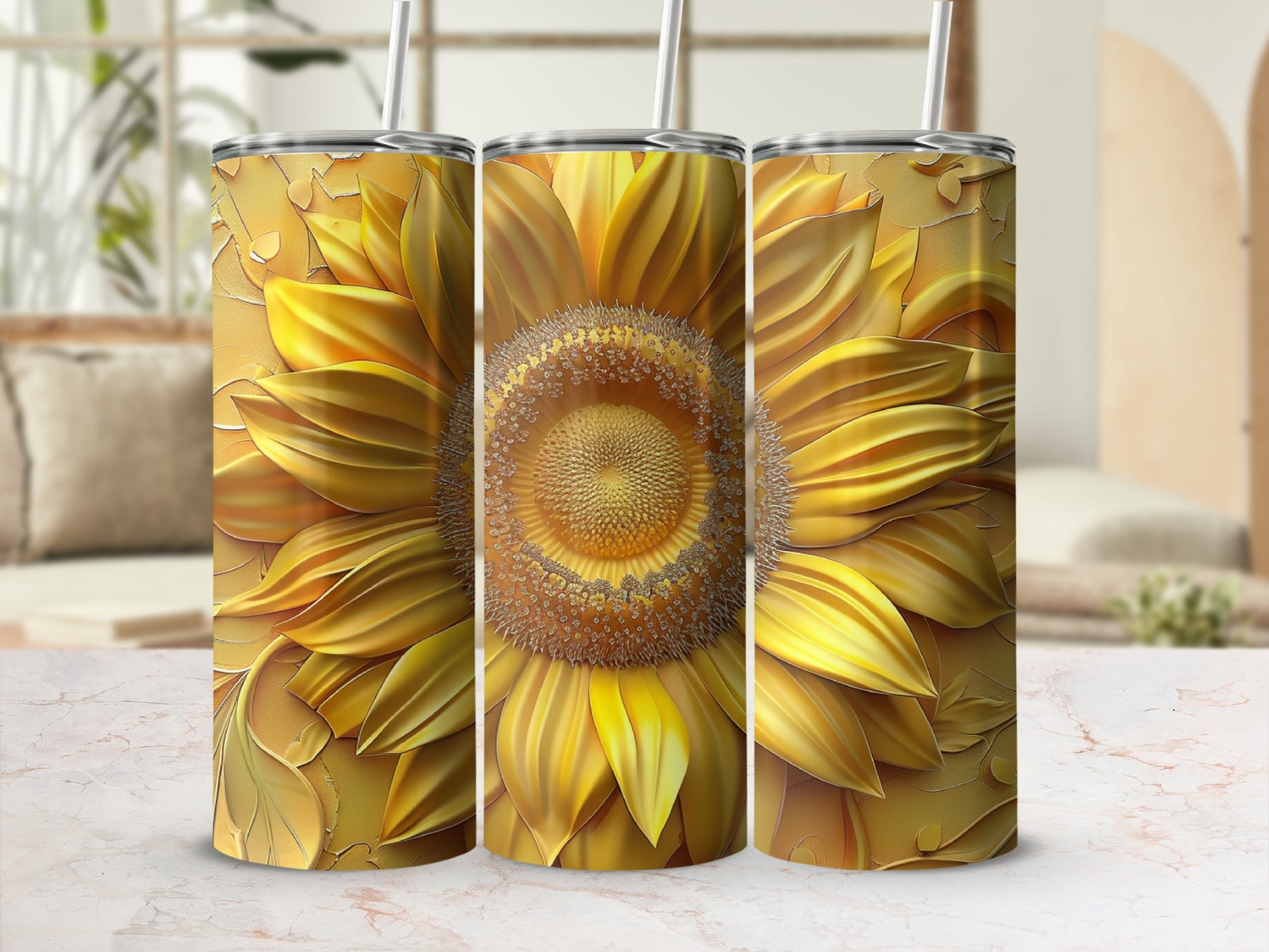 Golden sunflower tumbler with textured petals and a straw.
