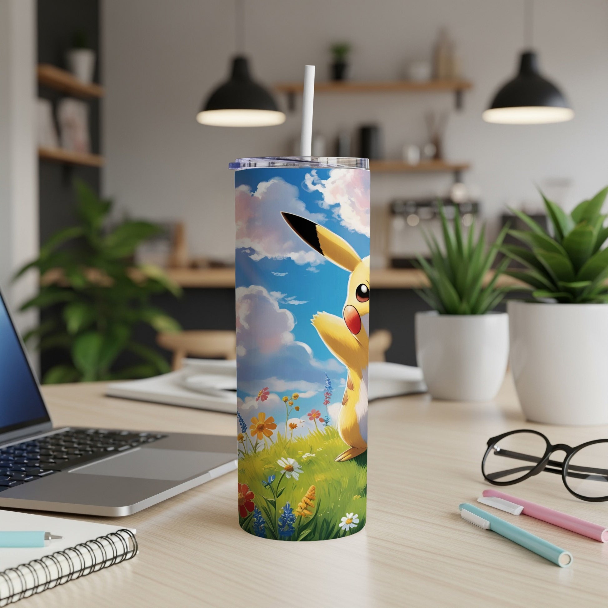 Pikachu character on a grassy field with flowers and clouds, on a white tumbler.