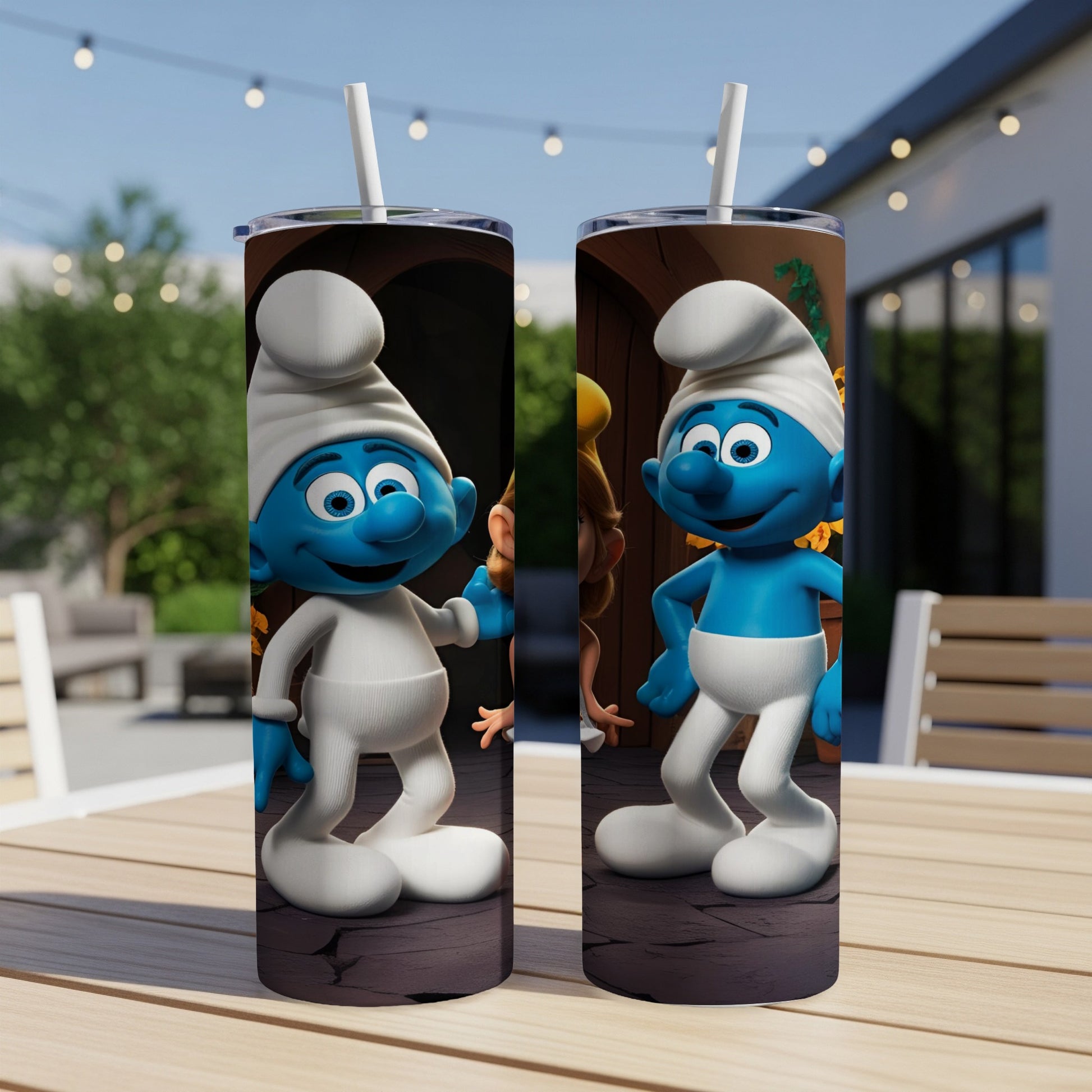 Two Smurfs on a tumbler with a straw, one in a white costume.
