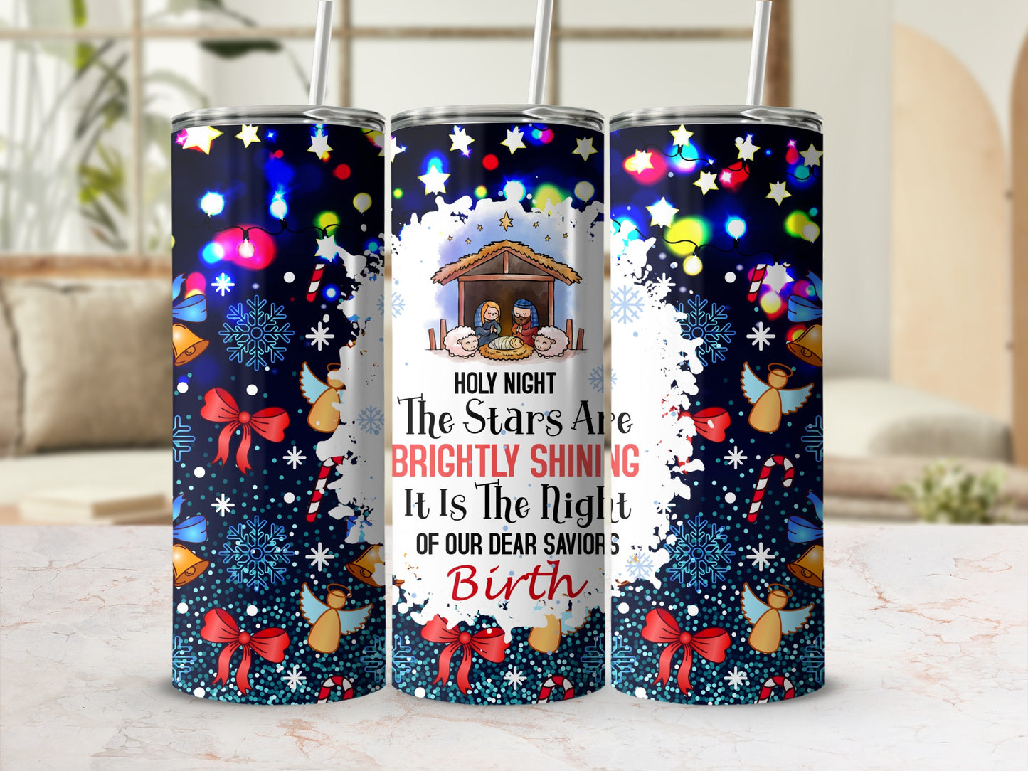 Three tumblers featuring a Nativity scene and "Holy Night" text with festive ornaments.