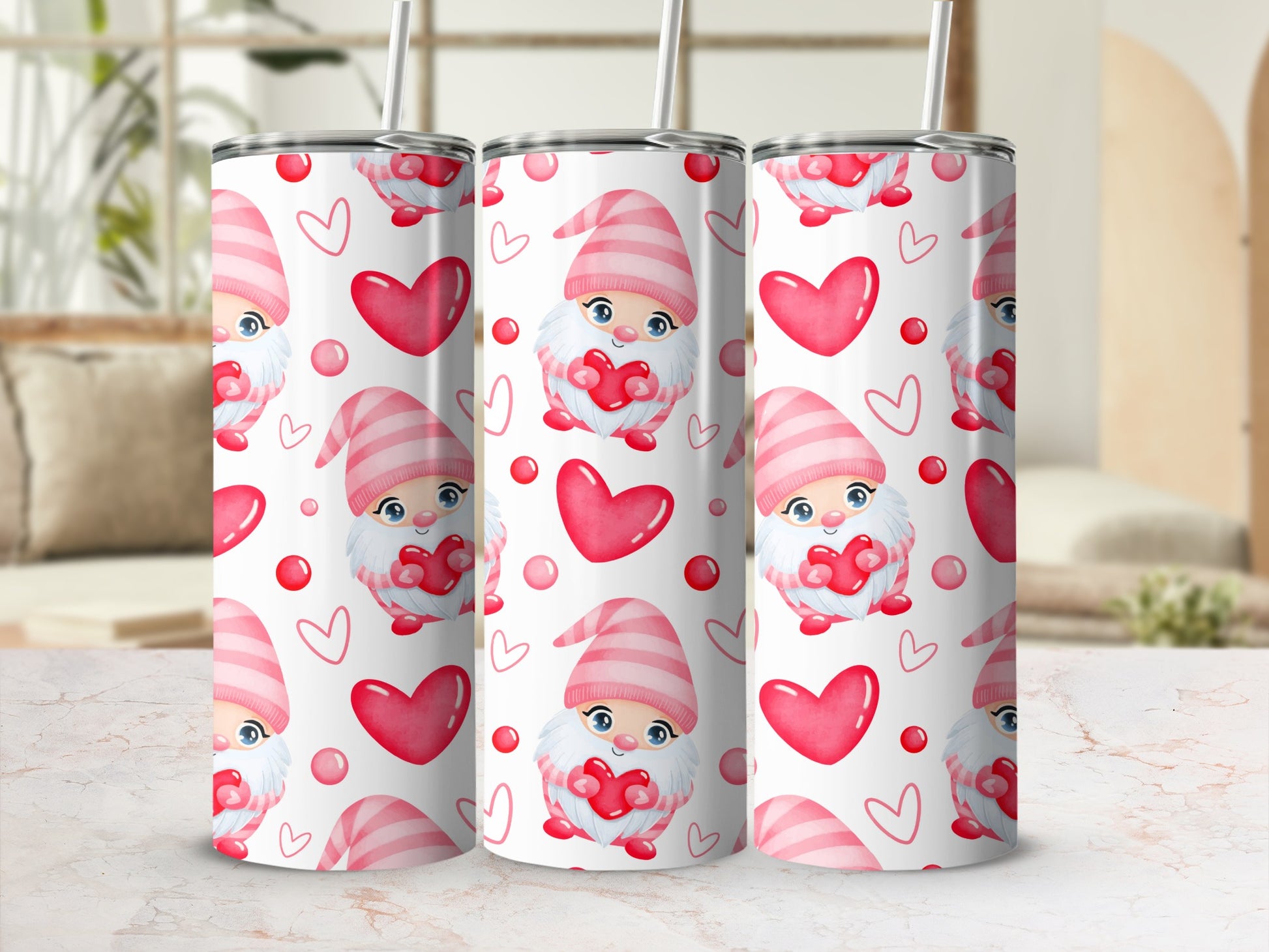 Cute Gnome Heart Pattern Tall Tumbler with Straw