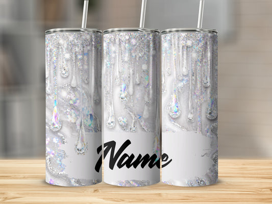 Three tumblers with dripping glitter and diamond design, one with "Name" text.